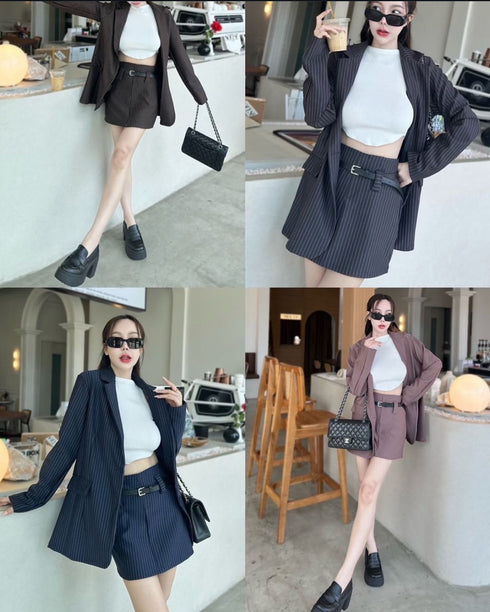 Women Casual Stripes Blazer Set with Mini Skirts